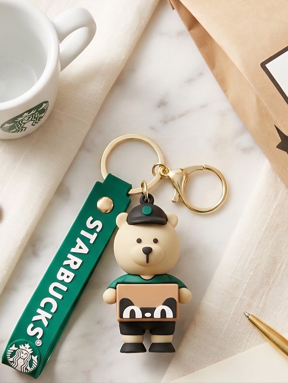 Starbucks Green and Beige Bear Keychain Charm